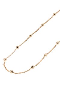 Delikat guld kæde med jævnt fordelte polerede guldperler på en hvid baggrund.