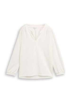 Langärmlige weiße Bluse mit V-förmigem Ausschnitt und leicht gerafften Bündchen, präsentiert vor weißem Hintergrund.