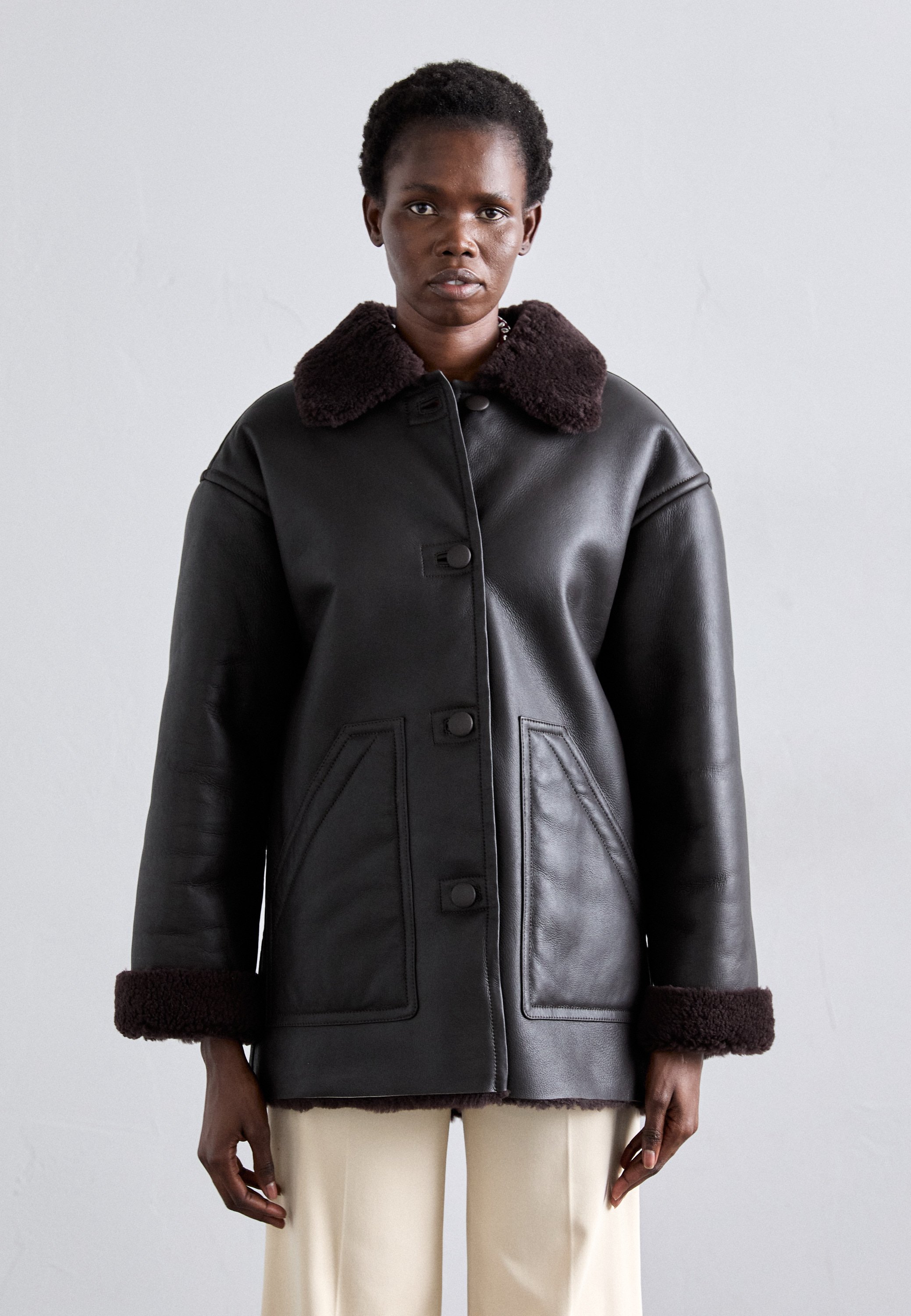 sandro Leather jacket - marron fonce/brown - Zalando