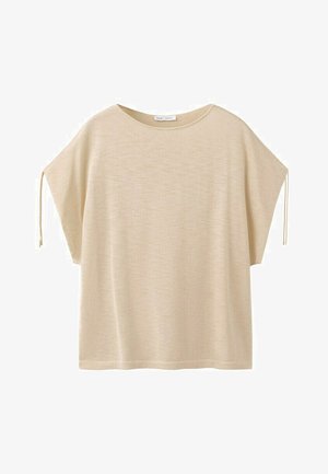 Tricou bej cu mâneci scurte și largi, tricotat, cu șnururi la capete și decolteu rotund.