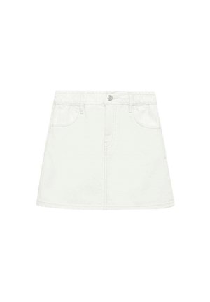 White denim skirt featuring a straight cut, five pockets, a front button closure, and belt loops. Smooth texture with minimal stitching details.