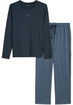 Haut à manches longues bleu marine avec un petit logo sur la poitrine et un pantalon de pyjama à cordon de serrage bleu à motifs.