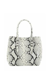 Sac à main en motif serpent blanc et gris avec deux poignées et des boucles en argent sur un fond blanc uni.