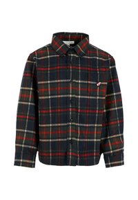 Chemise à carreaux pour homme en tissu flanelle bleu marine, vert et rouge. Comprend un col boutonné, des manches longues et une poche poitrine avec logo.