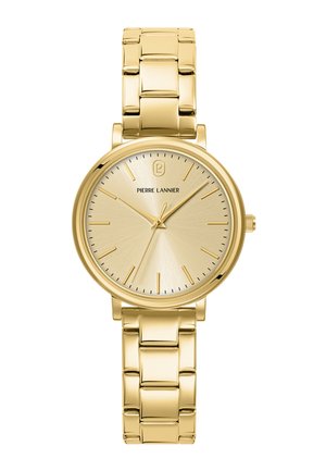 Guldmetal armbåndsur med rund urskive, minimalistisk urskive, der viser 10:10, og ledet armbåndsrem fra Pierre Lannier.