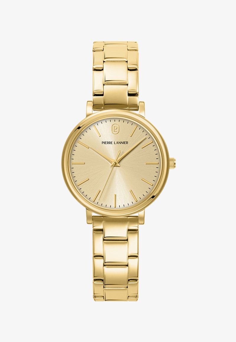 Kultainen metallirannekello, jossa on pyöreä kellotaulu, minimalistinen kellotaulu näyttää ajan 10:10, ja siihen kuuluu ketjullinen ranneke Pierre Lannierilta.