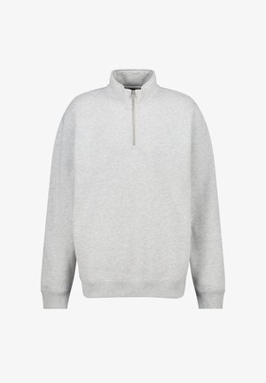 Graue Kapuzenjacke aus Fleece. Mit hohem Kragen, langen Ärmeln sowie gerippten Bündchen und Saum. Keine sichtbaren Logos.