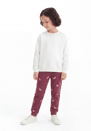 Enfant aux cheveux courts et foncés, debout, portant un t-shirt blanc à manches longues, un pantalon bordeaux avec des licornes roses et des baskets blanches sur fond blanc.