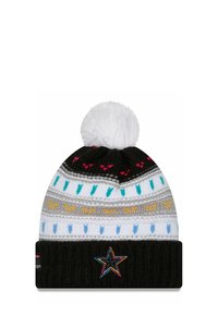 Strickmütze mit einem weißen Pompon, die mit schwarz-weißen, grauen und bunten Streifenmustern versehen ist. Enthält einen gestickten Stern am Bündchen.