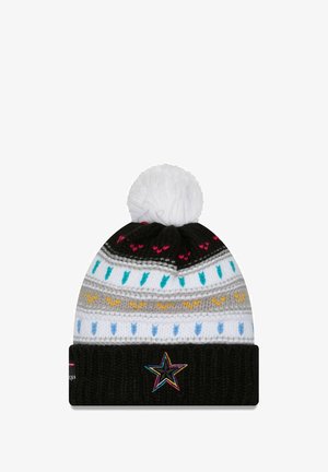 Knit beanie with a white pom-pom, featuring black, gray, and colorful striped patterns. Includes an embroidered star on the cuff.