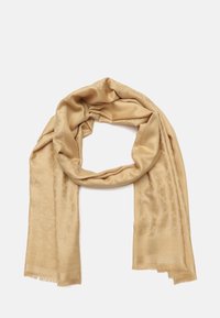 Beige tørklæde med et subtilt blomster mønster, blød tekstur og frynset kanter, designet med en rektangulær form for alsidig styling.