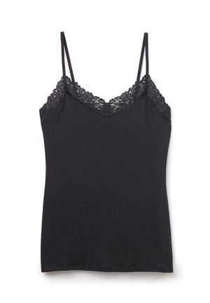 Sort ærmeløs camisole med tynde stropper og blomsterblondekant langs udskæringen og øverste del af brystet.