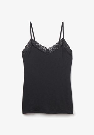Camisola negra sin mangas con tirantes finos y detalle de encaje floral en el escote y la parte superior del pecho.