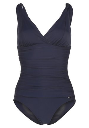 Marineblå ensfarget badedrakt med V-hals, samlet front, justerbare stropper og en glatt, jevn tekstur. Har en standard benåpning.