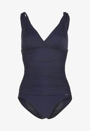 Marineblå ensfarget badedrakt med V-hals, samlet front, justerbare stropper og en glatt, jevn tekstur. Har en standard benåpning.
