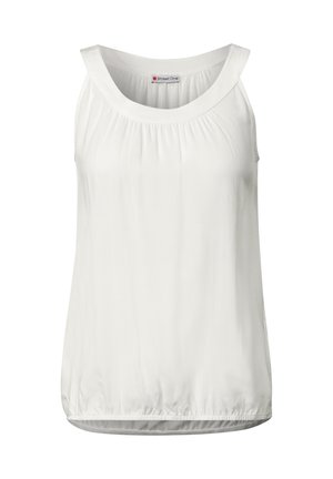 Top bianco senza maniche realizzato in tessuto liscio. Presenta un collo rotondo, dettagli arricciati sul davanti e un orlo leggermente svasato.