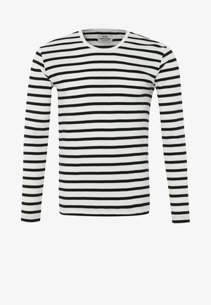 Camisa blanca de manga larga con rayas horizontales negras y cuello redondo.