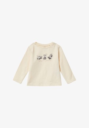 Chemise à manches longues beige clair en coton doux, ornée de trois designs de pandas ludiques avec le texte "avec mes amis pandas" en dessous.