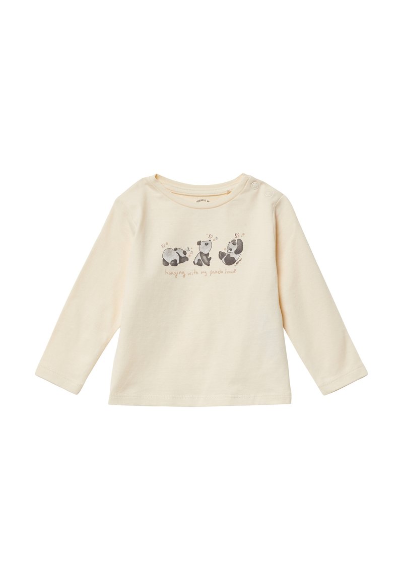 Helles beige Langarmshirt aus weichem Baumwollstoff, das drei verspielte Panda-Designs zeigt, mit dem Text "hänge mit meinen Panda-Freunden" darunter.