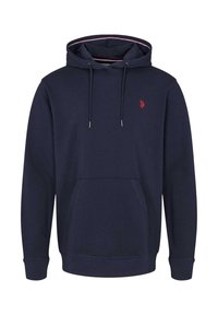 Marineblaue Kapuzenjacke aus Baumwollmischung, mit einer vorderen Kängurutasche, verstellbarem Kapuzenzug, gerippten Bündchen und einem kleinen roten Logo auf der Brust.