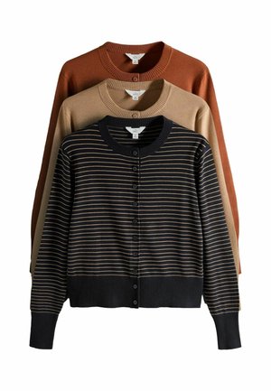 Three medium-size cardigans stacked, front to back: black with thin tan stripes, solid tan, and solid rust brown, all buttoned down the front.