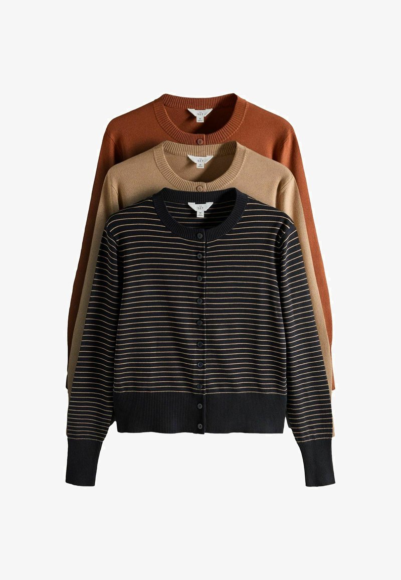 Three medium-size cardigans stacked, front to back: black with thin tan stripes, solid tan, and solid rust brown, all buttoned down the front.