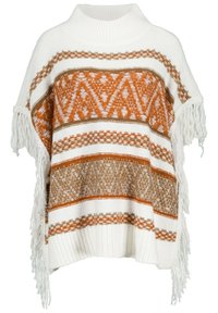 Weißer gestrickter Poncho mit orange und braunen geometrischen Mustern, ausgestattet mit einem hohen Kragen und fransigen Kanten. Weiche Textur, lässige Passform.