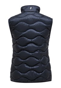 Námornícky pufovaný vest s vysokým golierom, ktorý má vlnový vzor pre textúru, je vyrobený z lesklého materiálu a má strih na mieru.