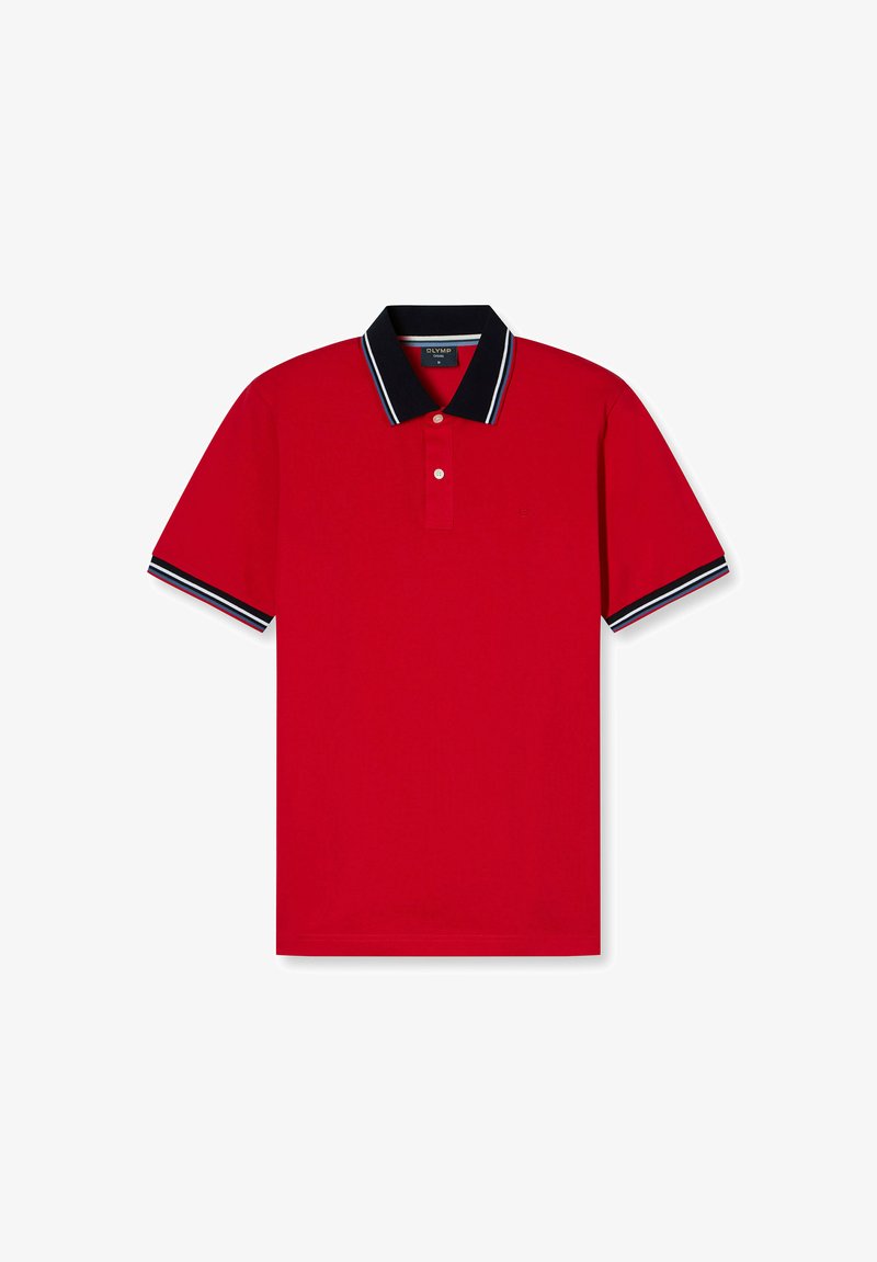 Rotes Poloshirt mit einem marineblauen Kragen, versehen mit weißen und blauen Streifenakzenten am Kragen und an den Ärmeln. Hergestellt aus glattem, atmungsaktivem Stoff.