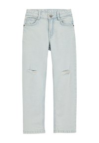 Ljust blå denimjeans med rak benmodell, med två framfickor och två slitna knäfläckar. Varumärkesetikett synlig.