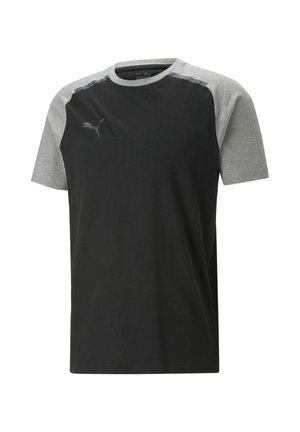 Zwart en grijs sport T-shirt met korte mouwen. Heeft een ronde halslijn en een Puma-logo in donkergrijs op de borst. Soepele stofstructuur.