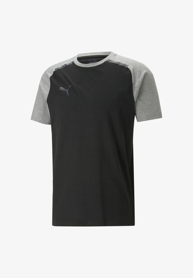 Tricou sportiv negru și gri, cu mâneci scurte. Dispune de un decolteu rotund și un logo Puma în gri închis pe piept. Textură de țesătură netedă.