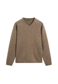Brązowy sweter z dekoltem w serek, wykonany z teksturowanej dzianiny, z długimi rękawami i luźnym krojem, w jednolitym kolorze.