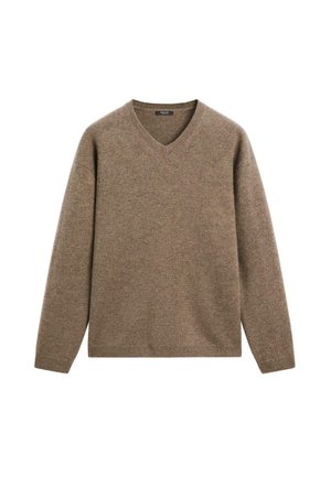 Brauner V-Ausschnitt-Pullover aus strukturiertem Strickstoff, mit langen Ärmeln und entspanntem Schnitt, in einfarbiger Ausführung.