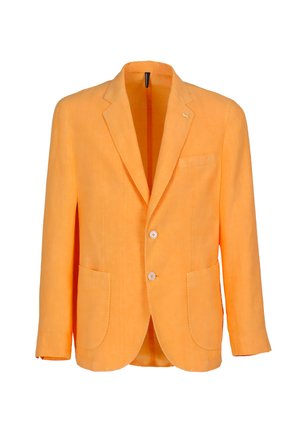 Blazer orange simple boutonnage avec deux boutons, revers cranté, trois poches et petite épingle en métal représentant un animal sur le revers gauche.