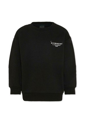 Zwarte crewneck sweatstof met lange mouwen, geribbelde manchetten en zoom, met een wit Givenchy-logo en het adres van Parijs op de linkerborst.