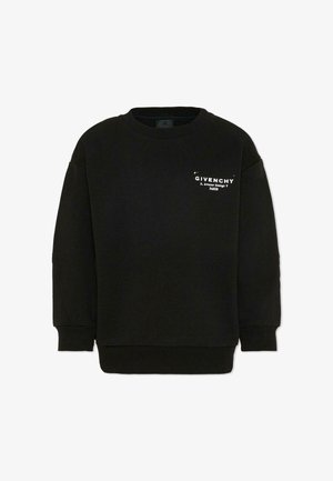 Sweat-shirt noir à col rond avec manches longues, poignets et ourlet côtelés, arborant le logo blanc Givenchy et l'adresse de Paris sur le côté gauche de la poitrine.