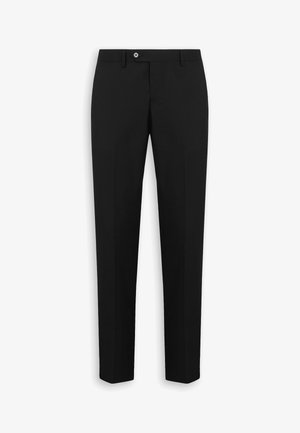 Pantaloni da donna neri su misura slim fit con chiusura a bottone e passanti per cintura, mostrati distesi su sfondo bianco.