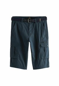 Marineblaue Cargo-Shorts aus leichtem Material, mit mehreren Seitentaschen, einem gefütterten Taillenbund und einer strukturierten Oberfläche.