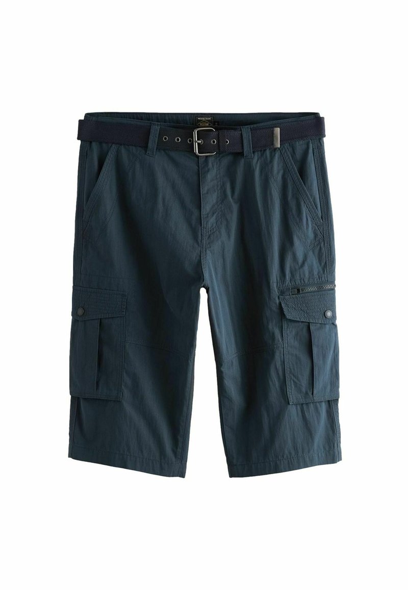 Marineblaue Cargo-Shorts aus leichtem Material, mit mehreren Seitentaschen, einem gefütterten Taillenbund und einer strukturierten Oberfläche.