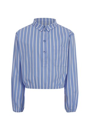 Blauw cropped overhemd met lange mouwen met witte verticale strepen, een kleine kraag, knopen vooraan, een borstzakje en elastische zoom en manchetten.