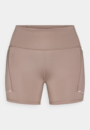Brown, stretchy athletic shorts with a high waistband, side seam stitching, and three white accent lines near the hem.