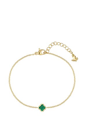 Fijn gouden kettinkje met een kleine groene malachiet klavertjevier bedel en verstelbare karabijnsluiting met verlengkettinkje.