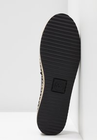 Semelle noire à rainures d'une chaussure avec un logo carré marqué MK, vue de dessous sur fond blanc et mur d'angle.