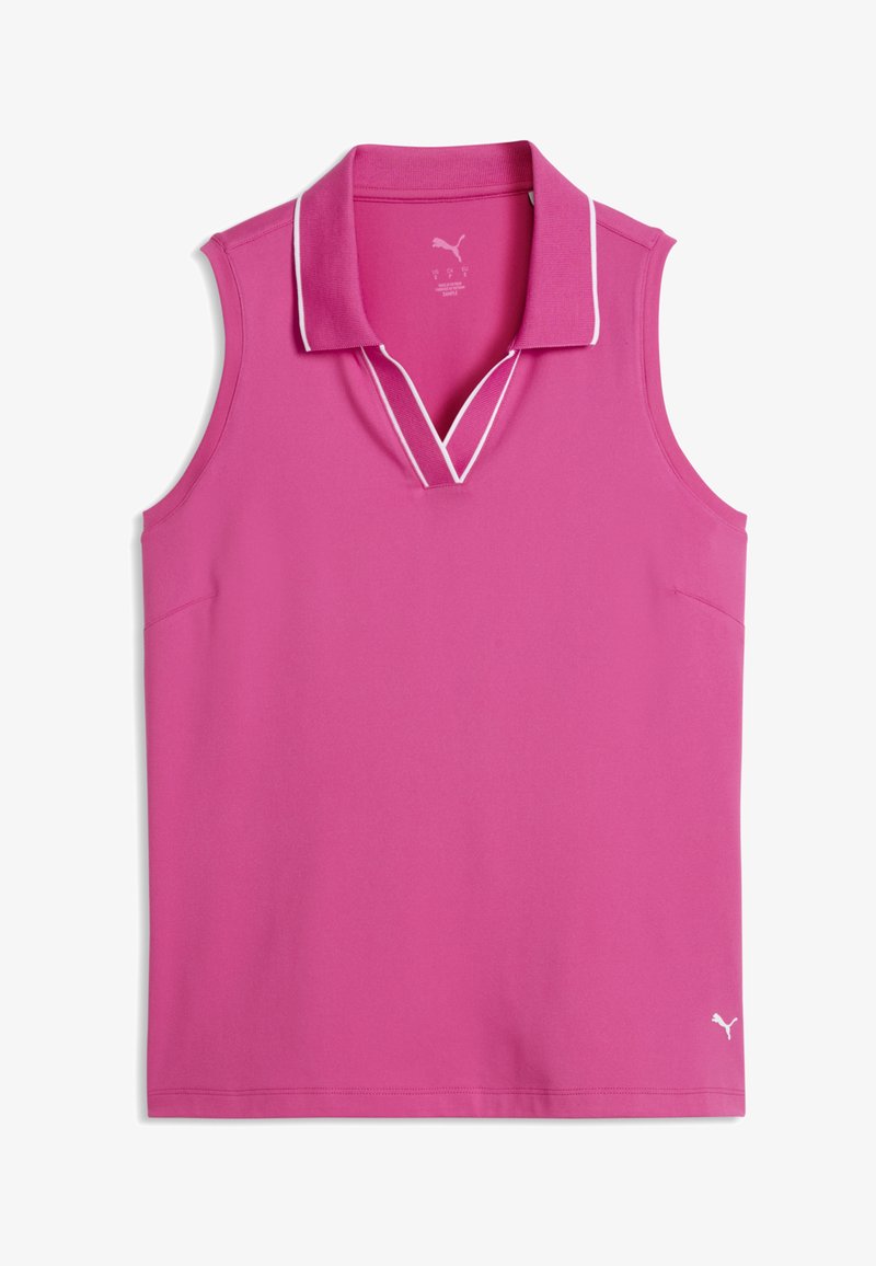 Polo sans manches rose avec bordure blanche sur le col, texture côtelée, et petit logo Puma en bas à droite.