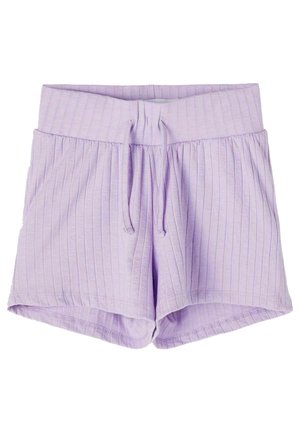 Lilac ribbed knit shorts with wide waistband and drawstring, designed for casual wear.
