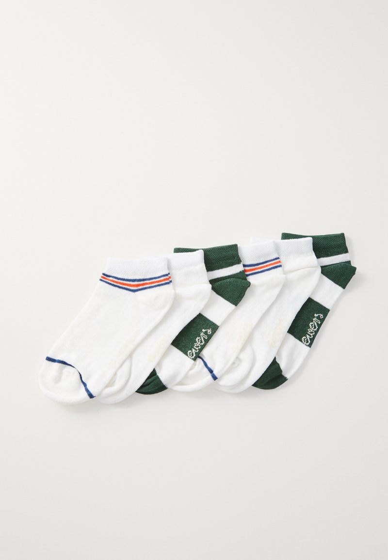 Öt pár rövid zokni fehér pamutból. Két pár piros és kék csíkkal, míg három pár egyszínű zöld, fehér díszítéssel a tetején.