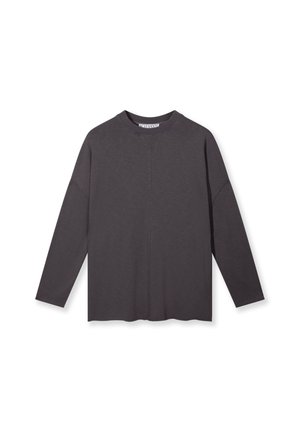 Sweat-shirt gris foncé à manches longues avec col rond, coutures visibles à l'avant et coupe décontractée sur fond blanc.