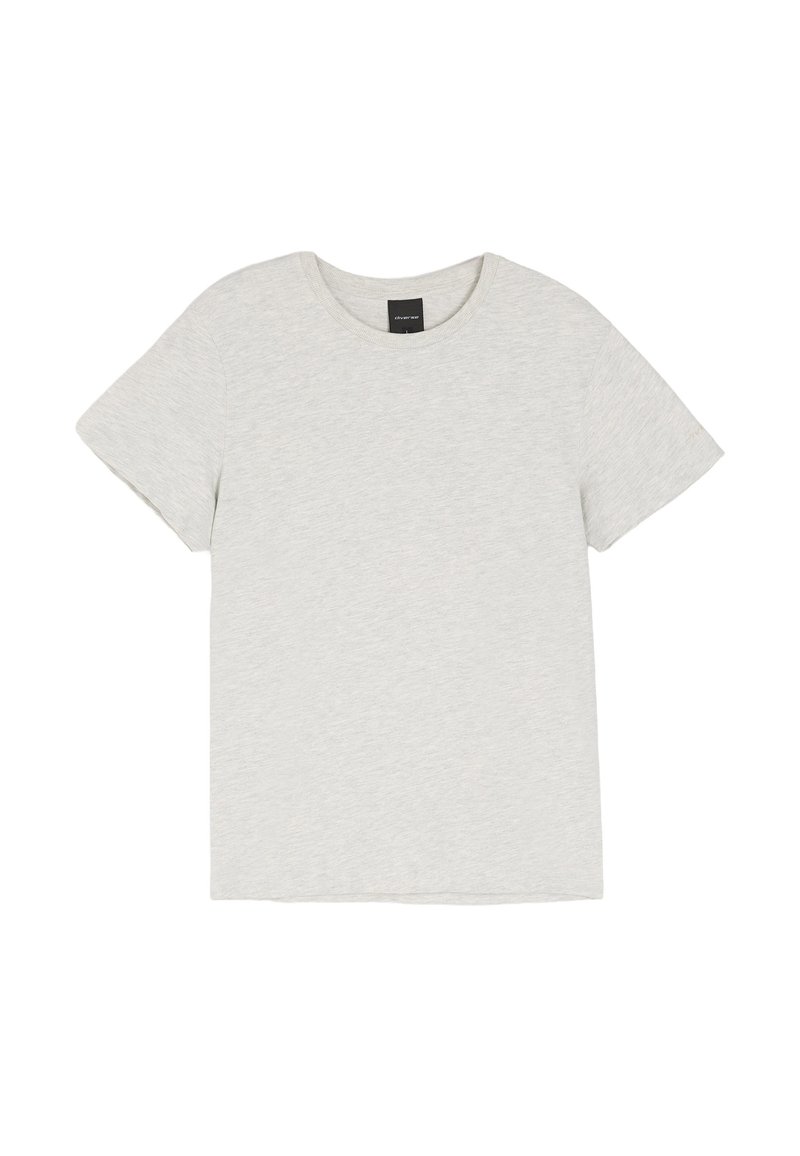 Jasnoszara, krótko rękawowa koszulka z miękkiej, teksturowanej tkaniny. Posiada okrągły dekolt i prosty krój, bez wzorów czy zdobień.