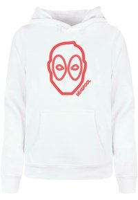 Witte hoodie met een rode omtrekafbeelding van een masker met grote ogen en de tekst "DEADPOOL" in een bijpassende kleur. Voorzak met kangoeroe-style.